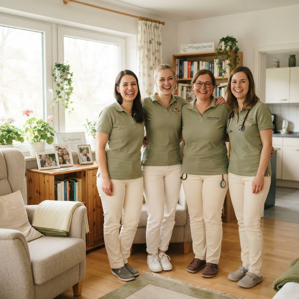Das Pflegeteam von Pflege ist mehr steht lächelnd zusammen